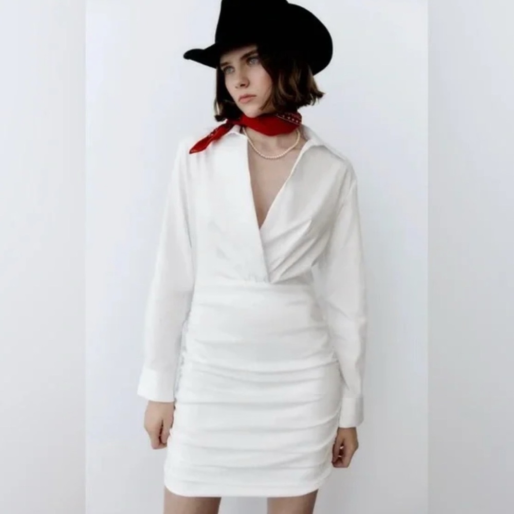 Zara White Ruched Wrap Dress with Plunge Neckline
